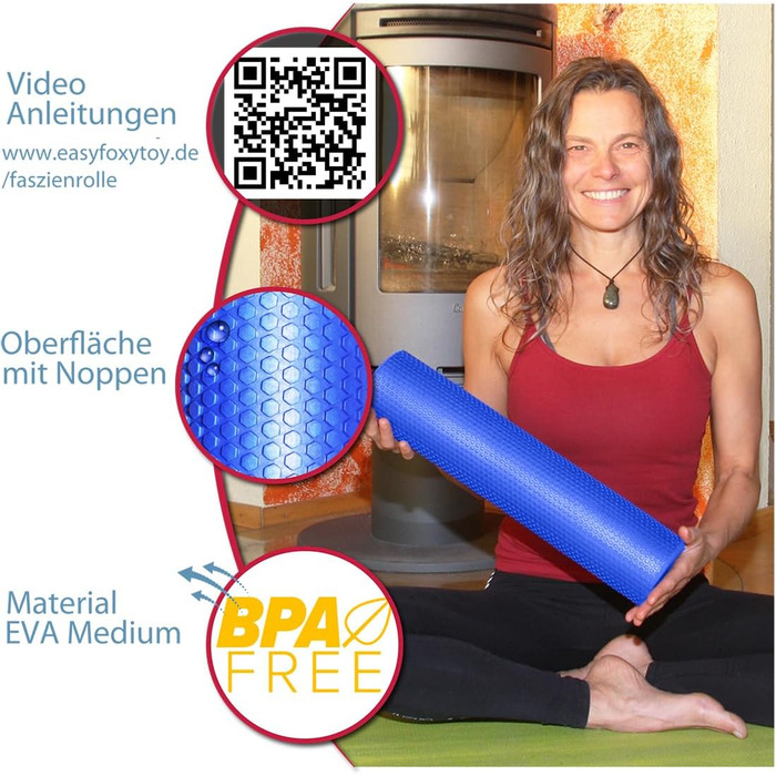 Середній фасційний валик для масажу спини та хребта - розгинач спини Ø9,5 см x 43 см (океанський синій), фасційний піноматеріал для йоги та пілатесу від болю в шиї та спині та лікування тригерних точок