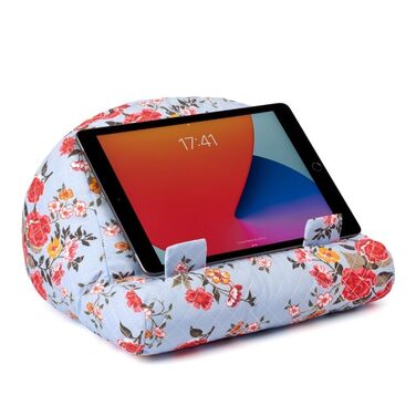 Диван-книжка &quotТроянди&quot - Квітковий мотив, світло-блакитний - Подушка для читання книг та планшетів - Підставка для книг - Тримач для планшета - Допоміжний засіб для читання - Німецьке видання Зручна, м&39яка та стабільна за розміром - з тримачем д