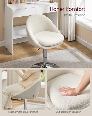 Регульований стілець VASAGLE, крісло для туалетного столика, офісне крісло, обертовий барний стілець зі спинкою та основою, сталь, для стійки, офісу, туалетного столика, їдальні, кремово-білий LJB100W01 кремово-білий фліс