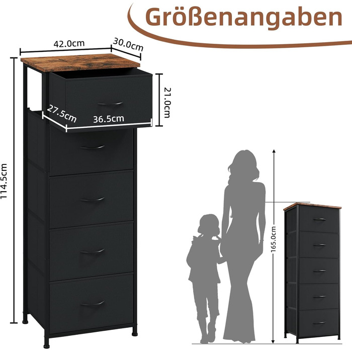 Тканинний комод Somdot для спальні, вітальні, коридору, комод, шафа для зберігання, тканинний комод, 5 тканинних шухляд, рустикальний коричневий, 30Г x 42Ш x 114,5В см (5 шухляд)