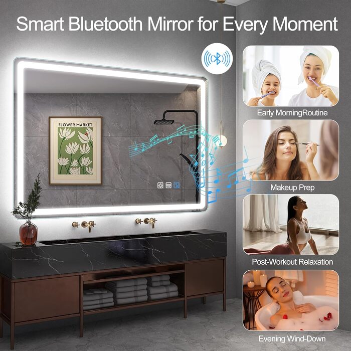 Дзеркало для ванної кімнати S'bagno Bluetooth з підсвічуванням 120x70см, світлодіодне дзеркало для ванної кімнати з функцією запотівання, 3000K-6500K, з можливістю регулювання яскравості, пам'ять, загартоване скло HD, дзеркало для ванної кімнати IP44 зі с