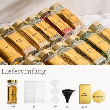 Банки для спецій з полицею 24 x 120 мл, включаючи 300 етикеток для спецій DE - Полиця для спецій з банками - Шухляда для органайзера для спецій - Шухляда для полиці для спецій з банками, система полиць для спецій, золота полиця Золота аура