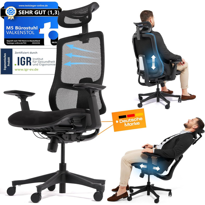 Ергономічне офісне крісло M5, переможець тесту, регульована по висоті спинка та регульована глибина сидіння, пінний матеріал для сидіння, письмове крісло для здорової спини, навіть для високих людей, крісло керівника з м&39яким сидінням M5 (чорне)