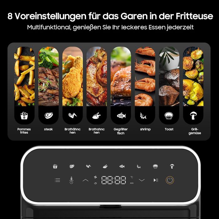 Фритюрниця Iceagle 6.7 л Airfryer XXL - фритюрниця 2200 Вт з подвійним нагріванням, фритюрниця з 8 програмами, оглядове вікно, світлодіодний сенсорний екран, книга рецептів, чорна 6.7 л