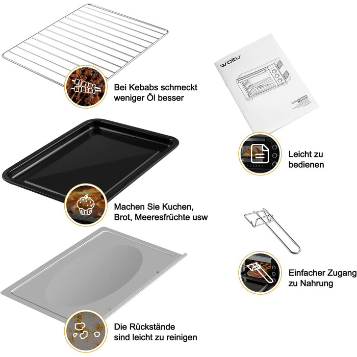 Міні Піч 28 л, Піч для піци 1600 Вт, 100-230 C, таймер 0-60 хв., 3 режими нагріву, в т.ч. деко, решітка гриль, піддон для крихт, решітка, міні-піч для випічки, смаження, розморожування, нагрівання, біла