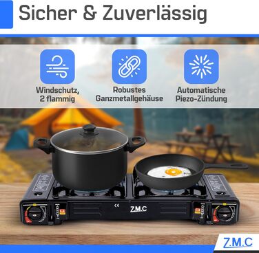 Газова плита для кемпінгу ZMC, 2 конфорки, 2,5 кВт, включаючи адаптер для підключення зрідженого газу та футляр для зберігання. Комплект кемпінгової плити з газовими картриджами та грильною пластиною (можна вибрати), з п&39єзорозпалом, для використання на