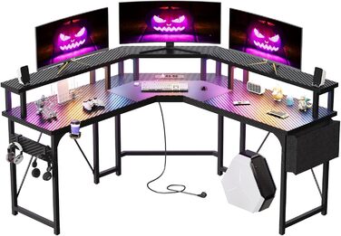 Ігровий стіл Devoko LED 153x153 см, ігровий стіл з підставкою для монітора, ігровий стіл для ПК з 2 розетками та 2 портами для зар