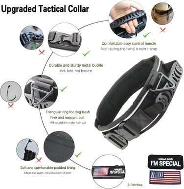 Тактичний нашийник для собак, міцний, світловідбиваючий нашийник з ручкою, широкий нашийник для середніх та великих порід, ширина 6,6 см, військовий нашийник з регульованим обхватом шиї 44-64 см, чорний