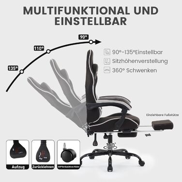 Ігрове крісло, гоночне ігрове крісло з підставкою для ніг, ергономічне ігрове крісло з підголівником, регульоване комп&39ютерне крісло, регульована висота, поперекова підтримка для домашнього офісу та ігор, чорний/сірий Nk-bg