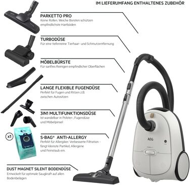 Пилосос із мішком AEG HYGIENIC 6000, 850 Вт, 3 роки гарантії, AB61H6SW Matt Wei