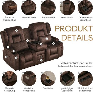 Місний розкладний крісло-реклайнер з функцією відкидання спинки та підставкою для ніг, двомісне крісло для телевізора з консоллю, подвійне кінокрісло з ручним регулюванням вагою до 360 кг (розкладна центральна консоль, коричнева оксамитова тканина) Коричн