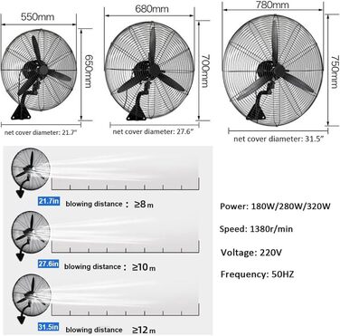 Промисловий настінний вентилятор, 21&39&39/27&39&39/30&39&39 важкий високошвидкісний настінний вентилятор, коливання 120, 3 швидкісні комерційні вентилятори, настінний вентилятор із регульованим нахилом, низький рівень шуму, 78