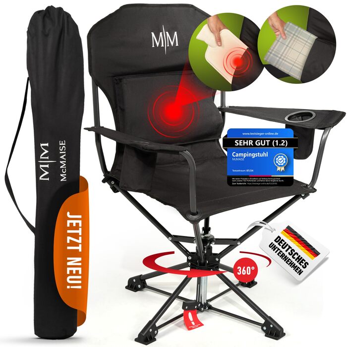 Складаний кемпінговий стілець, чорний, до 150 кг, із задньою кишенею для подушки або грілкової пляшки, обертається на 360