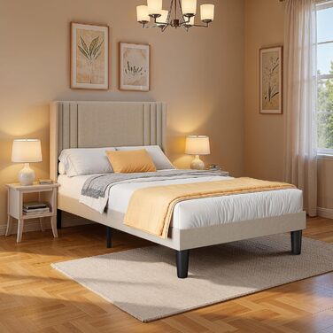 М&39яке ліжко 120x200 см, каркас ліжка з узголів&39ям та рейковою основою, м&39який каркас ліжка, міцне тканинне ліжко для дорослих та підлітків, бежевий 120x200 см