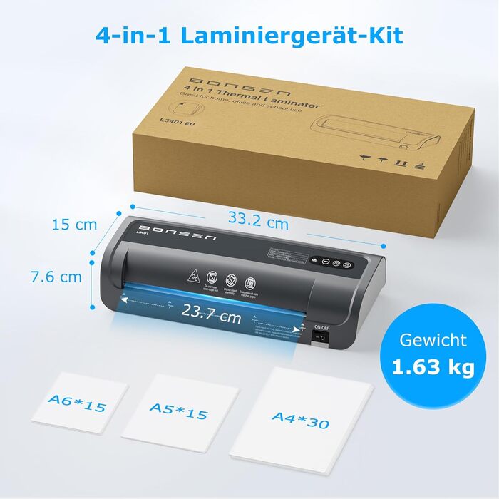 Ламінатор BONSEN A4 з технологією Never Jam, 60 пакетів для ламінування в комплекті (30 x A4, 15 x A5, 15 x A6), точний контроль температури NTC, швидке ламінування для дому, школи, офісу, ламінатор L3401 A4 60 пакетів для ламінування
