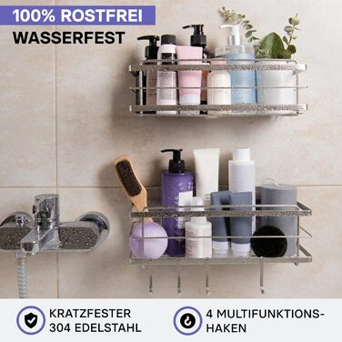 Душова полиця з нержавіючої сталі без свердління - Комплект 2 - Полиця з нержавіючої сталі самоклеюча для ванної кімнати з гачком