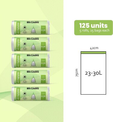 Сміттєві пакети Strapper 125 світло-зелені Підходять для сміттєвих баків Brabantia з кодом G та сміттєвих баків Simplehuman з кодом D 23-30 літрів світло-зелені - 23-30 л 125 шт. (1 упаковка)