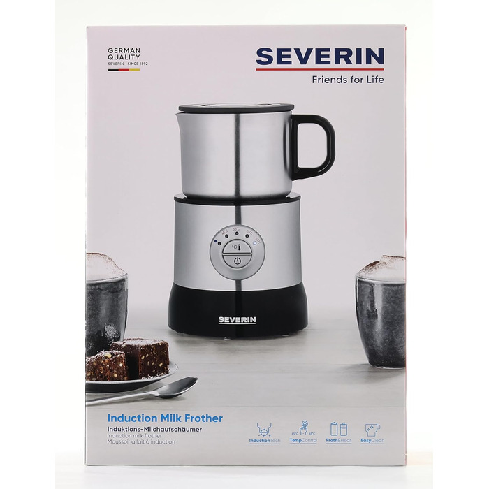Індукційний спінювач молока SEVERIN, електричний спінювач молока без обпалення, можна мити в посудомийній машині, з матової нержав