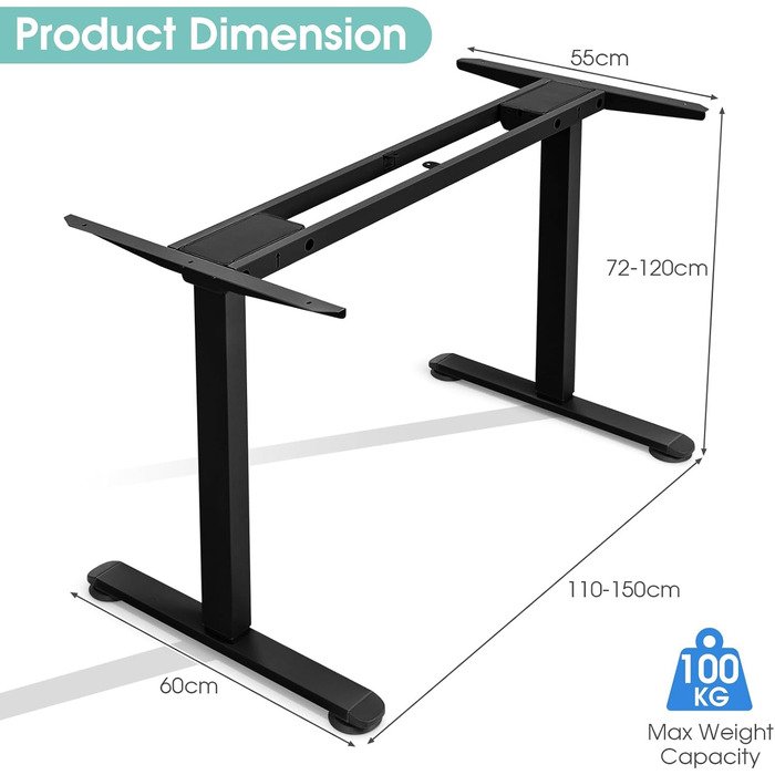 Електрична настільна підставка LIFEZEAL з регульованою висотою, рама столу з 2 двигунами та функцією захисту від зіткнень, рама столу з регульованою шириною та довжиною (чорна)