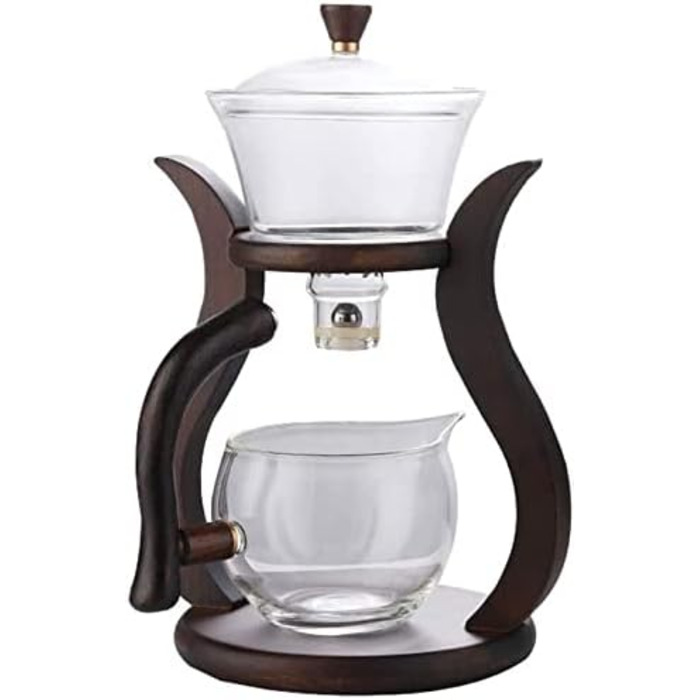 Набір для чаювання RORA скляний чайник з автоматичним обертанням, дерев'яний корпус та 6 чашок (чайник без чашок у комплекті)