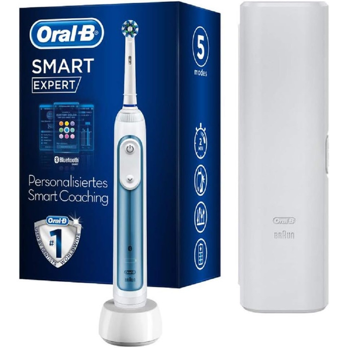 Електрична зубна щітка/електрична зубна щітка Oral-B Smart Expert, 5 режимів чищення для догляду за зубами та додаток Bluetooth, дорожній кейс, дизайн коричневого, синього кольорів