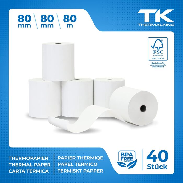 Термопапір THERMALKING у рулонах 80 мм x 80 мм x 12 мм для чекових принтерів, таких як Epson, IBM тощо - Рулони чеків 80x80x12 Термопапір - Рулони касового апарату Термопапір - Підходить для систем друку з вимогами до паперу до 80 м (40 шт.) 80 мм - Ø80 м