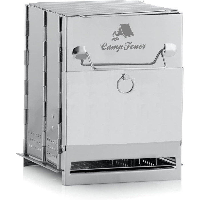 Складаний гриль з нержавіючої сталі CampFeuer 22 x 20,5 x 27 см Складаний гриль Кемпінговий гриль для походів та використання на свіжому повітрі Складаний портативний гриль, портативний кишеньковий гриль, сріблястий кемпінговий гриль