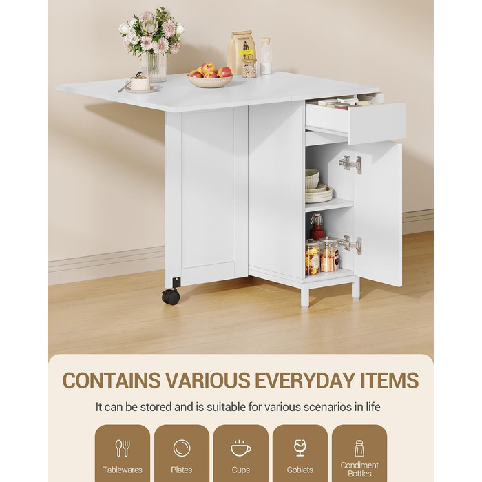 Обідній стіл Hzuaneri, розкладний обідній стіл на колесах, для 3-6 осіб, розкладний стіл з шухлядами, шафами та дворівневими відкритими полицями, підходить для невеликих приміщень, білий KT14003W