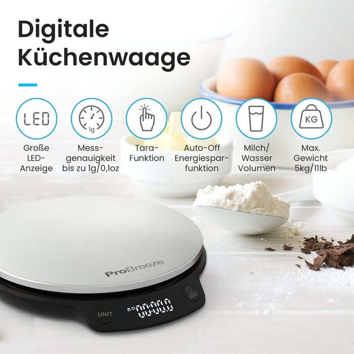 Цифрові кухонні ваги Pro Breeze до 5 кг - професійні цифрові ваги для точного вимірювання з точністю до 1 г, включаючи вимірювання