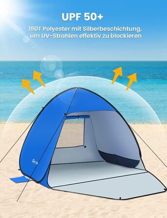 Пляжний навіс Glymnis з дверима на блискавці, захист від ультрафіолету 50, вітрозахисний, невеликий розмір у упаковці, синій, для 1-2 осіб