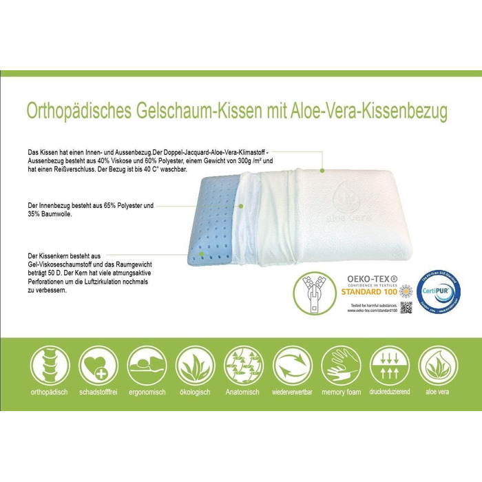 Подушка Mlily, подушка для сну, EBI. - K75.35.14 Гелева подушка для підтримки шиї Ортопедична гелева пінна подушка з наволочкою з алое вера Подушка Dream Sleep Visco 75x35x14см Біла