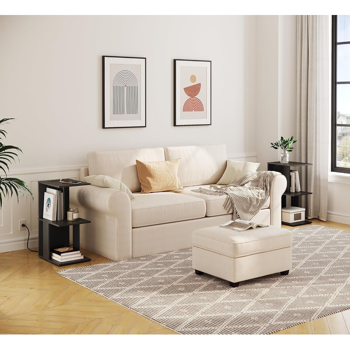 Журнальний столик із зарядною станцією, С-подібний приставний столик із сенсорним світлодіодним підсвічуванням, що перезаряджається, приставний столик до дивана з полицями, тумбочка для спальні, вітальні, чорний AETHB18UE01