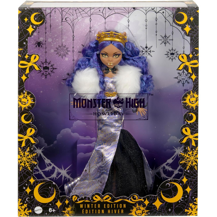 Лялька Monster High Howliday Winter Edition, колекційна річ Clawdeen Wolf, у лавандовій сукні ICY з хутряним боа та аксесуарами, різнокольоровий колір