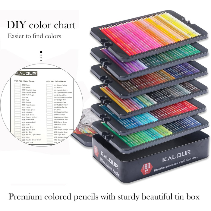 Набір кольорових олівців KALOUR 180 для дорослих, художників - Міцний пігмент, м&39який грифель - На восковій основі - Ідеально підходить для розфарбовування, малювання, ескізів, затінення та розтушовування - Яскраві кольори, чорний