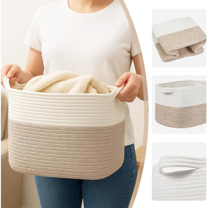 Набір із 3 невеликих кошиків для зберігання, бавовняні полиці-кошики для полиць, дитяча кімната, вітальня, дитяча кімната, ванна кімната, 30x25x24 см, білий та коричневий.