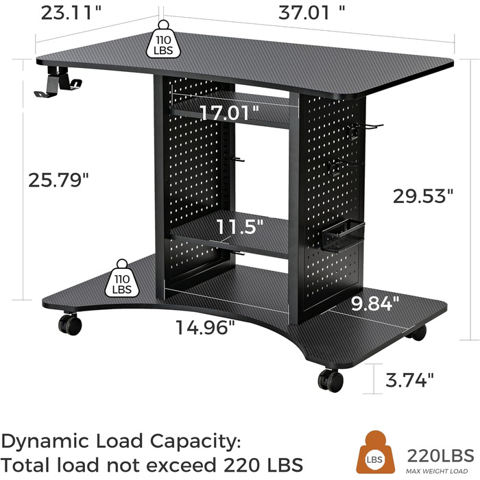 Ергономічний стіл EUREKA, комп&39ютерний стіл на колесах, невеликий стіл з 4 колесами, що обертаються на 360, мобільна робоча станція 94 * 59 * 75 см, підходить для вітальні, спальні, кабінету з місцем для зберігання