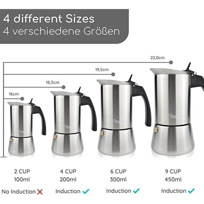 Індукційна кавоварка Milu 2, 4, 6, 9 чашок кавник для мокко з нержавіючої сталі, кавник для еспресо, набір для приготування еспрес