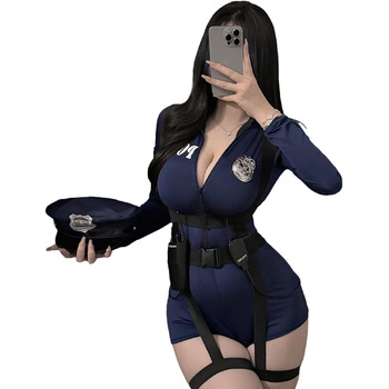 Жіночий костюм поліцейського, комплект із 4 предметів, сексуальний комплект для косплею зі страпонами, сексуальний боді на блискавці для рольових ігор у поліцейській формі з декоративною рацією та капелюхом, синій, один розмір