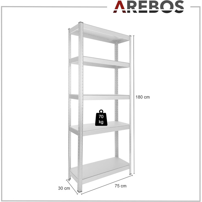 Надміцний стелаж Arebos 180x75x30 см Вантажопідйомність 350 кг 5 полиць з МДФ Легке складання за допомогою вставної системи Оцинкований