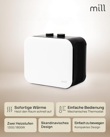 Керамічний вентилятор-обігрівач Mill, маленький та тихий, 1800 Вт, портативний обігрівач для приміщень площею 5-30 м, електричний обігрівач, електричне опалення, електричний обігрівач, пристрої для опалення приміщень, електричний радіатор - білий, 5-30 м