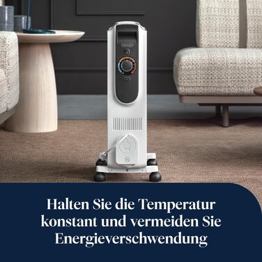 Масляний обігрівач De'Longhi Dragon EasyTronic (TRD50615) для приміщень до 45 м, електрообігрів з термостатом безпеки, 6 секцій, 12 рівнів температури, портативний, 1500 Вт, білий