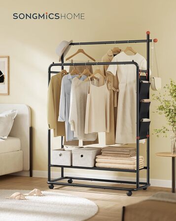 Вішалка для одягу на колесах, Підставка для гардеробу, 2 рейлінги для одягу, Полиця, Бічний органайзер, Гачки у формі сірників, Міцна, Спальня, Коридор, Чорний колір HSR171B01 50Г x 189.6В см