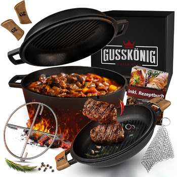 Голландська піч GUSSKNIG - чавунна каструля 2 в 1 4,8 л та чавунна сковорода 1,8 л - набір голландської печі з подвійною функцією