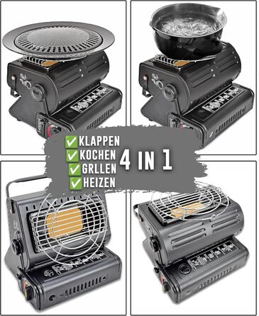 Портативний кемпінговий обігрівач TruWare з картриджами, складний обігрівач для намету для саду, каравана, зимового саду Мобільний газовий обігрівач з ручкою (газовий обігрівач з 4 картриджами)