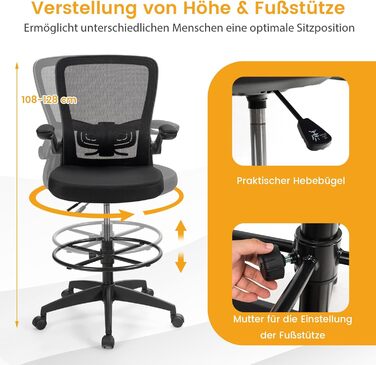 Робоче крісло COSTWAY, офісне крісло з відкидними підлокітниками та регульованою опорою для ніг, висота сидіння 55-75 см, високе поворотне крісло, ергономічне комп&39ютерне крісло, письмове крісло з високою спинкою, висота сидіння 55-75 см