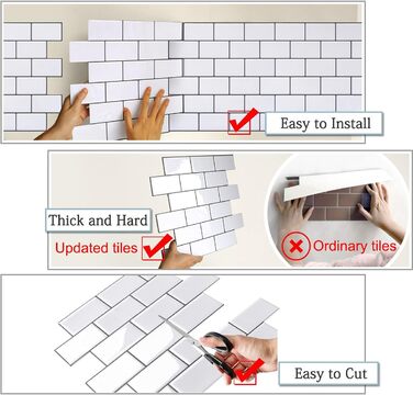 Товстіші 3D наклейки на плитку Наклейки для ванної кімнати, кухні, клейка плитка, вінілова плитка, самоклеюча плитка, біла плитка ПВХ, плитка метро, декор самоклеючої плитки 10 аркушів 10 білих