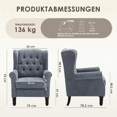 Крісло для вітальні COLAMY у стилі середини століття, м&39яке крісло з вигнутою спинкою та прошивкою ґудзиками, крісло для відпочинку з тканинним чохлом та ніжками з масиву дерева для вітальні, офісу, кафе - синє, комплект з