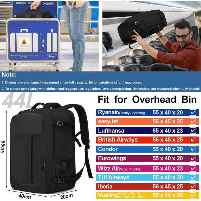 Рюкзак для ручної поклажі 55x40x20 см, місткість 44 л, великий дорожній рюкзак, ручна поклажа 55x40x20 см, дорожня сумка 55x40x20 см, рюкзак для 18-дюймового ноутбука, чорний, Lufthansa 55x40x20 см - 44 л