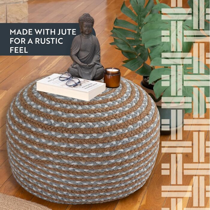 Круглий пуф-отоманка, пуф для ніг, джутовий пуф, табурет, подушка сидіння, декор для дому в стилі бохо, додатковий пуф-сидіння для вітальні, спальні, приміщень, колір Arctic Circle 55 x 55 x 30 см, колір Natural Ice Blue