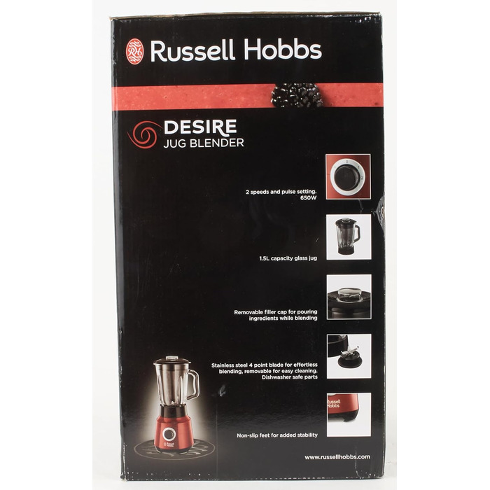 Міксер Russell Hobbs скляний контейнер 1,5 л Desire Red (потужний двигун 0,9 к.с., функція імпульсу/подрібнення льоду, ніж з нержавіючої сталі, блендер без бісфенолу А, електричний подрібнювач, смузі-машина) 24720-56